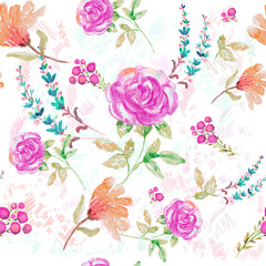 Rose and yellow spring flowers seamless pattern. Watercolor pattern with lavenders and berries