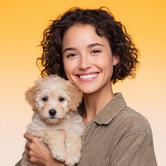 Smiling woman holds adorable puppy in her arms. Pet ownership, animal companionship, happiness, love, joy, care, connection, friendship.