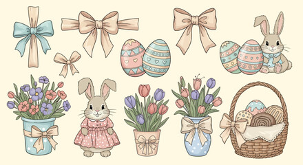 Adorable Easter Bunny and Spring Flowers Illustrations Clipart Set