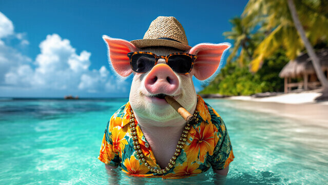 A cheerful pig wearing a colorful Hawaiian shirt, straw hat, and dark sunglasses confidently enjoys the crystal-clear tropical water while holding a cigar near a palm-lined beach.
