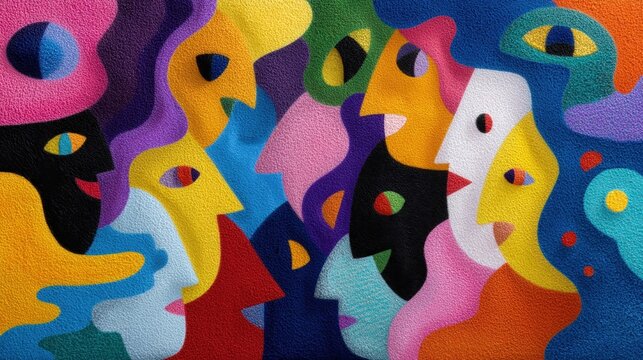 A vibrant abstract mural depicting diverse faces animatedly conversing surrounded by a kaleidoscope of colors and shapes that represent the seamless blending of idioms highlighting