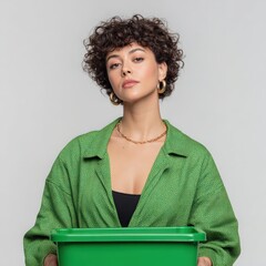 Woman holds green recycling bin looking at camera. Recycling, environment, waste management, sustainability, eco-friendly lifestyle, environmental consciousness.