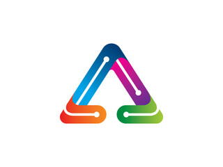 A vibrant and dynamic abstract triangle logo, constructed from interconnected circuit lines and gradients, which symbolizes innovation, technology, and connectivity.