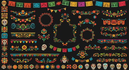 Vibrant Mexican Floral and Skull Design Elements A Collection of Festive Illustrations