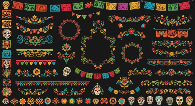 Vibrant Mexican Floral and Skull Design Elements A Collection of Festive Illustrations