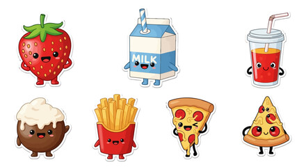 Cute Kawaii Food Stickers Strawberry, Milk, Juice, Fries, Pizza, Chocolate