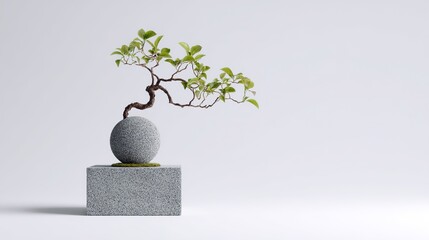 The minimalist white background features a small tree on an elegantly smooth stone pedestal, creating a visual contrast between natural beauty and minimalist design.
