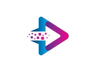 A modern and dynamic digital media icon, featuring a vibrant play symbol with abstract pixelated elements, conveying motion and technological innovation.