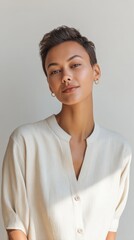 Young woman looks at the camera indoors. Portrait, headshot, skincare, beauty, fashion, lifestyle