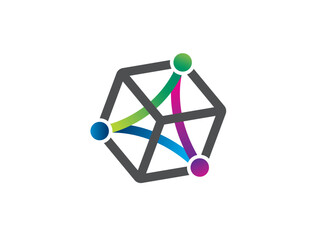A vibrant abstract logo design featuring a cube interconnected by lines and nodes, symbolizing network, connection, and technology.  