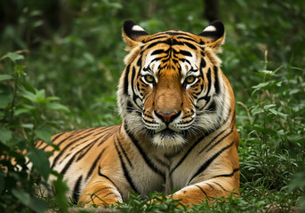 Fototapeta premium Majestic Tiger in Lush Green Foliage A Powerful Wildlife Image
