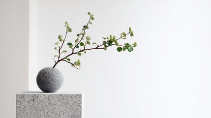 The minimalist white background features a small tree on an elegantly smooth stone pedestal, creating a visual contrast between natural beauty and minimalist design.