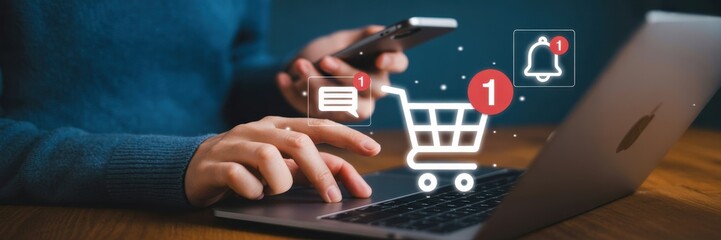 Hands interacting with electronic devices, illustrating online shopping and notifications.