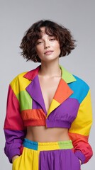 Stylish woman poses in colorful outfit. Fashion model, retro style, bright clothes, vintage aesthetic, confidence, beauty.