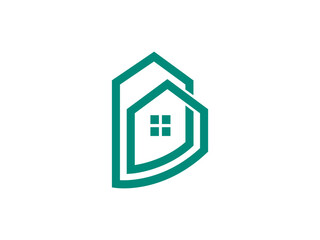 Real estate logo concept with a house icon, a building symbol, and residential property illustration