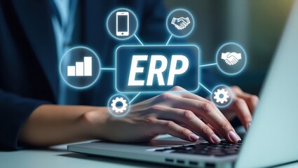 Hands typing on a laptop with an erp interface displayed.