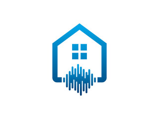 Real estate logo concept with a house icon, a building symbol, and residential property illustration