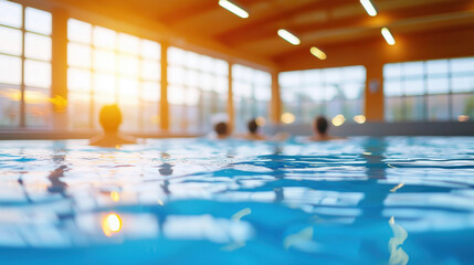 Serene spa retreat featuring tranquil indoor pool with people enjoying warm water and sunlight streaming through large windows