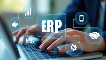 Close-up of hands typing on a laptop with an ERP interface overlay.
