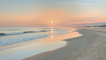 Obraz premium A serene beach scene at sunset with the sun's reflection on the water and footprints in the sand.