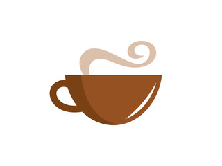 A steamy, brown coffee cup, an iconic symbol of warmth, rest and refreshment in an artistic flat design illustration.