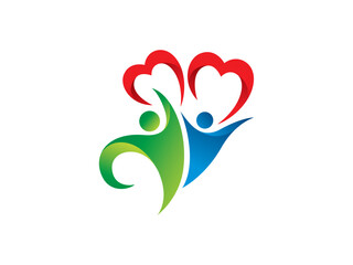 A stylized logo depicting two figures embracing, encompassed by two hearts, symbolizing love, unity, and togetherness.  The vibrant color palette evokes feelings of joy, warmth.