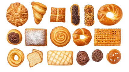 A colorful assortment of pastries features various shapes and textures, all freshly baked and ready to enjoy