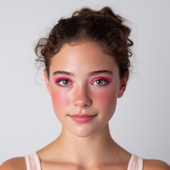 Young woman poses with pink makeup. Beauty portrait, cosmetics application, youthful appearance, skincare, beauty industry, healthy lifestyle