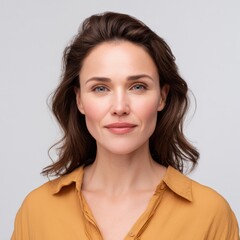 Woman smiles directly at the camera in a studio portrait. Authentic beauty, natural skin, middle-aged woman, confidence, headshot, friendly demeanor.