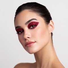 Woman looks at the camera wearing sparkling eye makeup. Beauty portrait, glamour shot, cosmetic art, fashion model