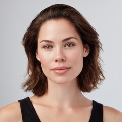 Woman poses for portrait with neutral expression. Beauty, skin care, natural makeup, wellness