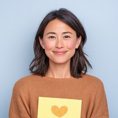 Woman holds yellow card with hand-drawn heart. Female smiling, holding valentine card, expresses love and warmth. Affectionate gesture, showing care, relationship, positive emotion.
