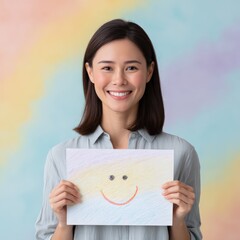 Woman smiles holding a drawing of a smiley face. Happiness, positivity, mental health, emotional wellbeing, joyful expression.