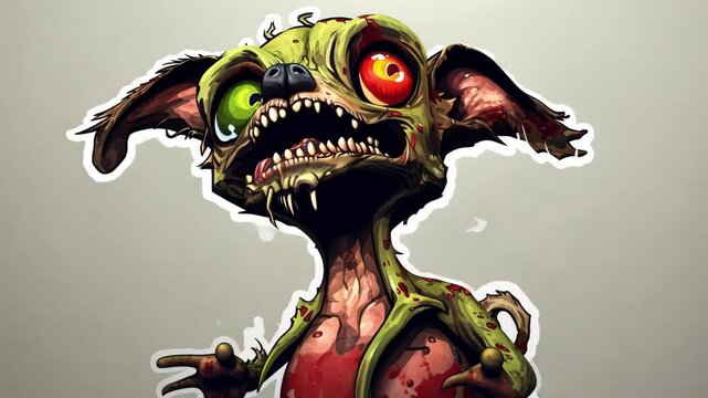 Animated Angry sticker monster zombie dog with glowing red eyes