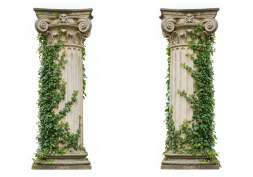 Two ionic columns with ivy vines isolated on transparent background