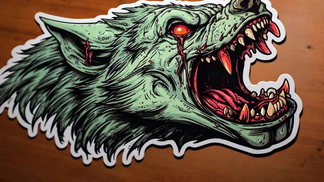 Animated Angry sticker monster zombie wolf dog with glowing red eyes