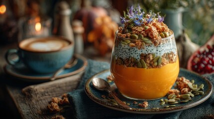 Fototapeta premium Layered Pumpkin Mango Chia Parfait with Granola and Latte