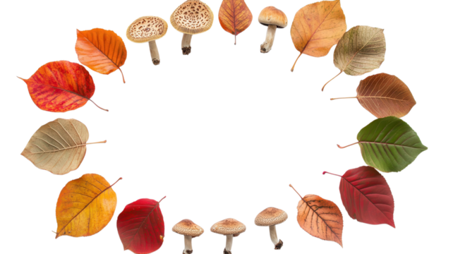 Vibrant autumn leaves and assorted mushrooms are artfully arranged in a circular formation, showcasing seasonal beauty