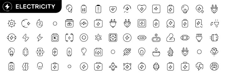 Extensive set of editable stroke line icons illustrating electricity-related concepts, including batteries, light bulbs, plugs, circuits, energy sources, and safety symbols, on a white background.
