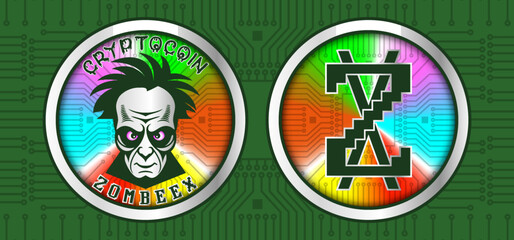Vector obverse and reverse of fictional crypto coin. Zombeex cryptocurrency. Graphic zombie head. Microcircuit. Chip. Cartoon tokens in gradient rainbow coloring