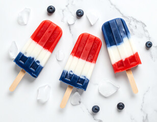 Colorful red, white, and blue popsicles on marble with blueberries and ice.