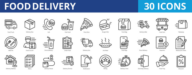 Food delivery icon pack collection set for on demand food service apps. With restaurant, order, doorstep, courier, route, notification, cart, box, call, fast food, pizza slice, and burger bite icon