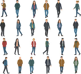 Cartoon flat style people walking, standing, casual young adults, male and female characters, isolated illustration, urban streetwear, diversity concept, fashion vector collection