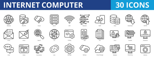 Internet computer icon pack collection set for network connection technology. With website, big data, cloud, server, wifi,firewall, authentication, cybersecurity, seo, peer to peer, and wireless icon
