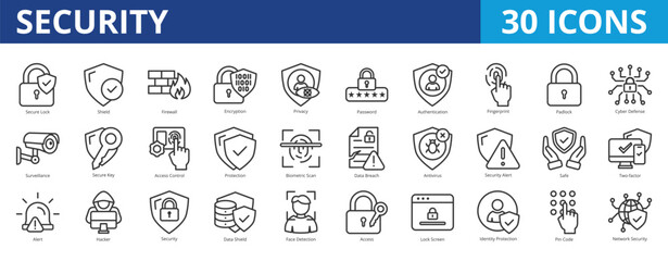 Security icon pack collection set for network and cybersecurity protection. With secure, firewall, encryption, privacy, authentication, protection, 2fa, internet, biometric, scan, and antivirus icon