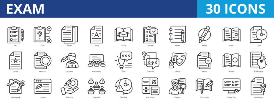 Exam icon pack collection set for education, learning, test and evaluation. With quiz, study, lesson, practice, evaluation, assessment, examination, audit, compliance, task, and survey icon