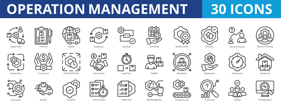 Operation management icon pack collection set for industry and business management. With supply chain, inventory, logistic, production, workflow, planning, quality control, and efficiency icon