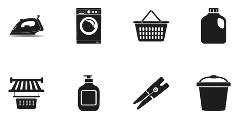 Laundry And Cleaning Tools Silhouette Set. Household Chores And Maintenance Icon Collection. Domestic And Utility Use. Isolated Vector Illustration