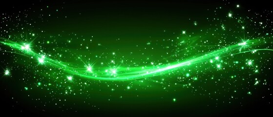 Obraz premium A vibrant green luminous streak curves across a dark background, speckled with glittering particles, creating a dynamic and energetic visual