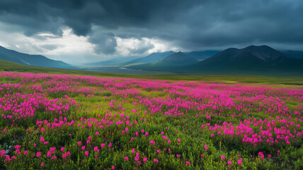 Fototapeta premium Blooming Pink Wildflowers Spreading Across a Vast Meadow Under Stormy Skies in Spring